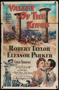 5f921 VALLEY OF THE KINGS 1sh '54 cool art of Robert Taylor & Eleanor Parker in Egypt!