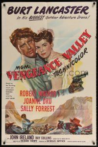 5f926 VENGEANCE VALLEY 1sh '51 art of Burt Lancaster holding Joanne Dru & pointing gun!