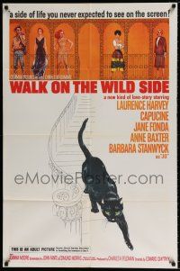 5f937 WALK ON THE WILD SIDE 1sh '62 cool artwork of black cat on stairs & sexy stars on balcony!