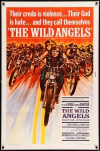 5f961 WILD ANGELS 1sh '66 classic art of biker Peter Fonda & sexy Nancy Sinatra on motorcycle!