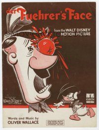 5h222 DER FUEHRER'S FACE sheet music '43 WWII art of Donald Duck hitting Hitler w/tomato, Disney!