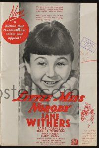 5h753 LITTLE MISS NOBODY English pressbook '36 great images of orphan Jane Withers with pigtails!