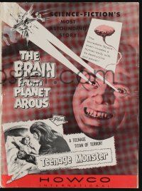 5h508 BRAIN FROM PLANET AROUS/TEENAGE MONSTER pressbook '57 wacky monster with rays from eyes!