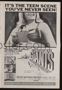 5h975 VILLAGE OF THE GIANTS pressbook '65 classic image of boy in gigantic sexy girl's cleavage!