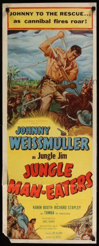 5j185 JUNGLE MAN-EATERS insert '54 cool art of Johnny Weissmuller as Jungle Jim fighting cannibals