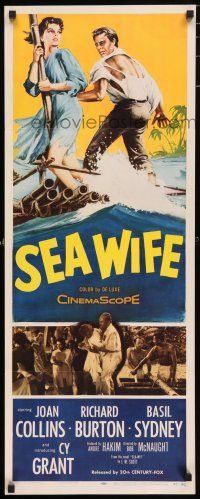 5j303 SEA WIFE insert '57 great castaway art of sexy Joan Collins & Richard Burton on raft at sea!