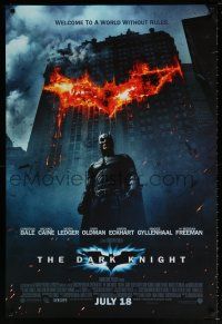 5k200 DARK KNIGHT int'l advance DS 1sh '08 Christian Bale as Batman in front of flaming building!