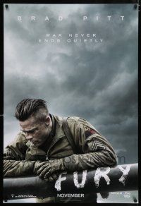 5k301 FURY teaser DS 1sh '14 great image of soldier Brad Pitt, war never ends quietly!