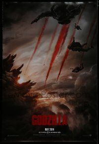 5k316 GODZILLA teaser DS 1sh '14 image of soldiers parachuting over monster & burning city!