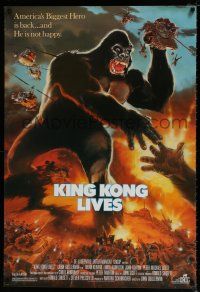 5k429 KING KONG LIVES 1sh '86 great artwork of huge unhappy ape attacked by army!