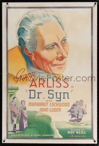 5m047 DR. SYN linen style A 1sh '37 cool stone litho art of George Arliss looming over pirate ship!