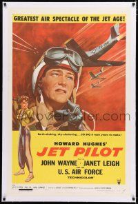 5m077 JET PILOT linen 1sh '57 great artwork of John Wayne, jet-hot thrills, Howard Hughes!