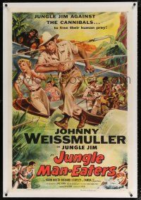 5m080 JUNGLE MAN-EATERS linen 1sh '54 Cravath art of Johnny Weissmuller as Jungle Jim vs cannibals!