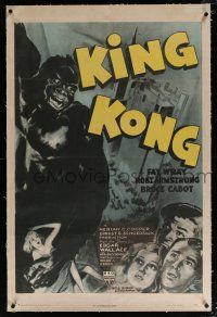 5m082 KING KONG linen 1sh R47 art of the giant ape carrying Fay Wray on Empire State Building, rare!