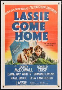 5m087 LASSIE COME HOME linen style D 1sh '43 great art of young Roddy McDowall & his beloved Collie!