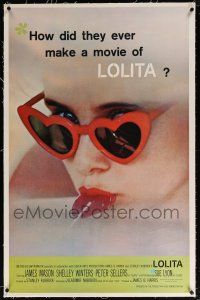5m092 LOLITA linen 1sh '62 Stanley Kubrick, sexy Sue Lyon with heart sunglasses & lollipop!