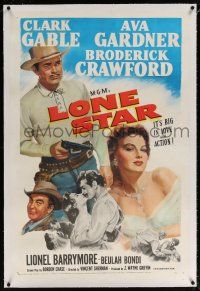 5m094 LONE STAR linen 1sh '51 artwork of Clark Gable with gun & kissing sexy Ava Gardner!