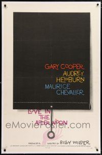5m095 LOVE IN THE AFTERNOON linen 1sh '57 Gary Cooper, Audrey Hepburn, Chevalier, Saul Bass art!