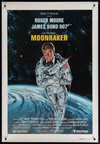 5m102 MOONRAKER linen int'l teaser A 1sh '79 art of Roger Moore as Bond in space by Goozee!