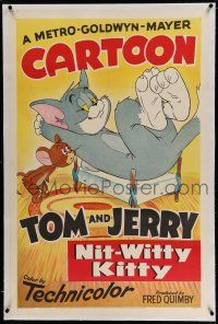 5m109 NITWITTY KITTY linen 1sh '51 great cartoon art of Tom squeezed into Jerry's too-small bed!