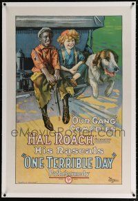 5m116 ONE TERRIBLE DAY linen 1sh '22 the first Our Gang released, stone litho of kids & dog on car!