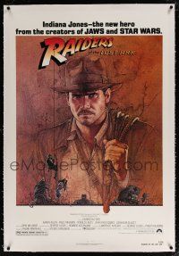 5m128 RAIDERS OF THE LOST ARK linen 1sh '81 great art of adventurer Harrison Ford by Richard Amsel!