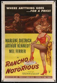 5m130 RANCHO NOTORIOUS linen 1sh '52 Fritz Lang, art of sexy Marlene Dietrich showing her legs!