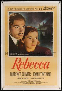 5m131 REBECCA linen 1sh R46 Alfred Hitchcock classic, close up of Laurence Olivier & Joan Fontaine!