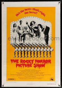 5m136 ROCKY HORROR PICTURE SHOW linen style B 1sh '75 Tim Curry is the hero, wacky cast portrait!