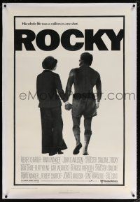 5m135 ROCKY linen 1sh '76 boxer Sylvester Stallone holding hands with Talia Shire, boxing classic!