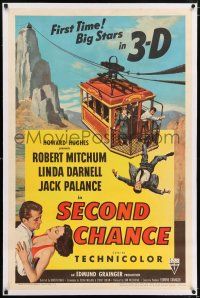 5m141 SECOND CHANCE linen 1sh '53 cool 3-D art of Robert Mitchum, sexy Linda Darnell & cable car!