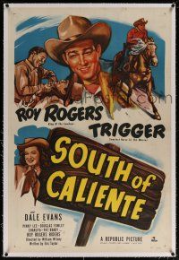 5m152 SOUTH OF CALIENTE linen 1sh '51 cool art of cowboy Roy Rogers riding Trigger + Dale Evans!