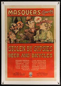 5m156 STOLEN BY GYPSIES OR BEER & BICYCLES linen 1sh '33 The Masquers Club of Hollywood, great art!