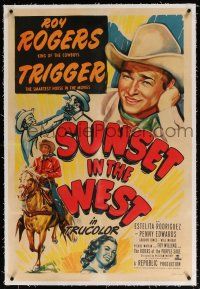 5m160 SUNSET IN THE WEST linen 1sh '50 great artwork of Roy Rogers King of the Cowboys & Trigger!