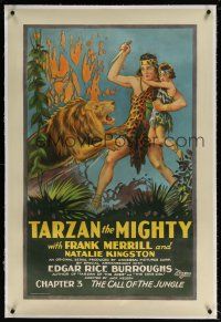 5m165 TARZAN THE MIGHTY linen ch3 1sh '28 art of Merrill saving girl from lion, Call of the Jungle!