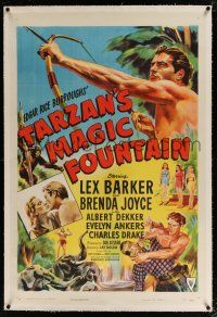 5m166 TARZAN'S MAGIC FOUNTAIN linen 1sh '49 art of Lex Barker w/bow & arrow, Brenda Joyce & animals!