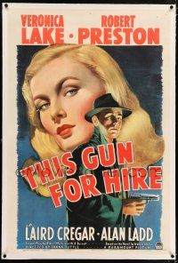 5m001 THIS GUN FOR HIRE linen 1sh '42 classic image of Alan Ladd with gun & sexy Veronica Lake!