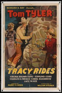 5m183 TRACY RIDES linen 1sh '35 cool stone litho of cowboy Tom Tyler facing down bad guy with gun!
