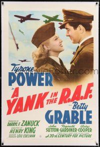 5m208 YANK IN THE R.A.F. linen style B 1sh '41 smiling Tyrone Power & Betty Grable in uniform!