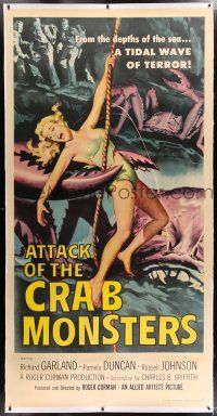 5p265 ATTACK OF THE CRAB MONSTERS linen 3sh '57 Roger Corman, art of sexy girl attacked by beast!