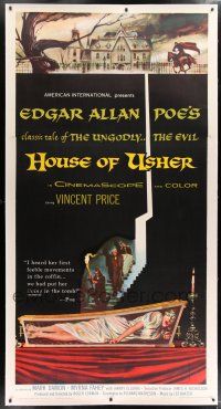 5p271 HOUSE OF USHER linen 3sh '60 Edgar Allan Poe's tale of evil, cool art by Reynold Brown!