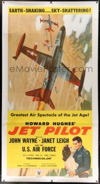 5p273 JET PILOT linen 3sh '57 art of John Wayne, Janet Leigh & military planes, Howard Hughes!