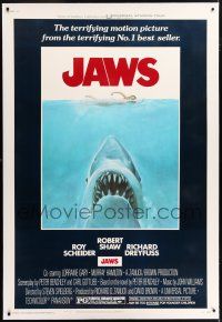 5p262 JAWS linen 40x60 '75 Roger Kastel art of Steven Spielberg's classic man-eating shark!