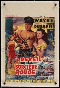 5p129 WAKE OF THE RED WITCH linen Belgian R1950s barechested John Wayne & Gail Russell at helm!