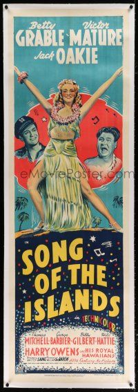5p223 SONG OF THE ISLANDS linen English door panel '42 stone litho of sexy tropical Betty Grable!