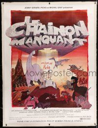 5p244 B.C. ROCK linen French 1p '84 Picha, Le Chainon Manquant, wonderful cartoon art of dinosaurs!