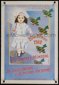 5p166 2EME CONGRES MONDIAL linen French 16x24 '82 Cuvillier art of antique toy doll & airplanes!