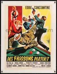 5p078 JEFF GORDON SECRET AGENT linen French 23x31 '64 Eddie Constantine, art of fight by pool table!