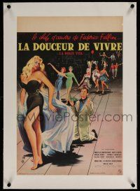 5p070 LA DOLCE VITA linen French 16x24 '60 Federico Fellini, Mastroianni, sexy Ekberg by Yves Thos!