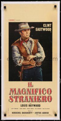 5p054 MAGNIFICENT STRANGER linen Italian locandina '66 great art of Clint Eastwood pointing gun!